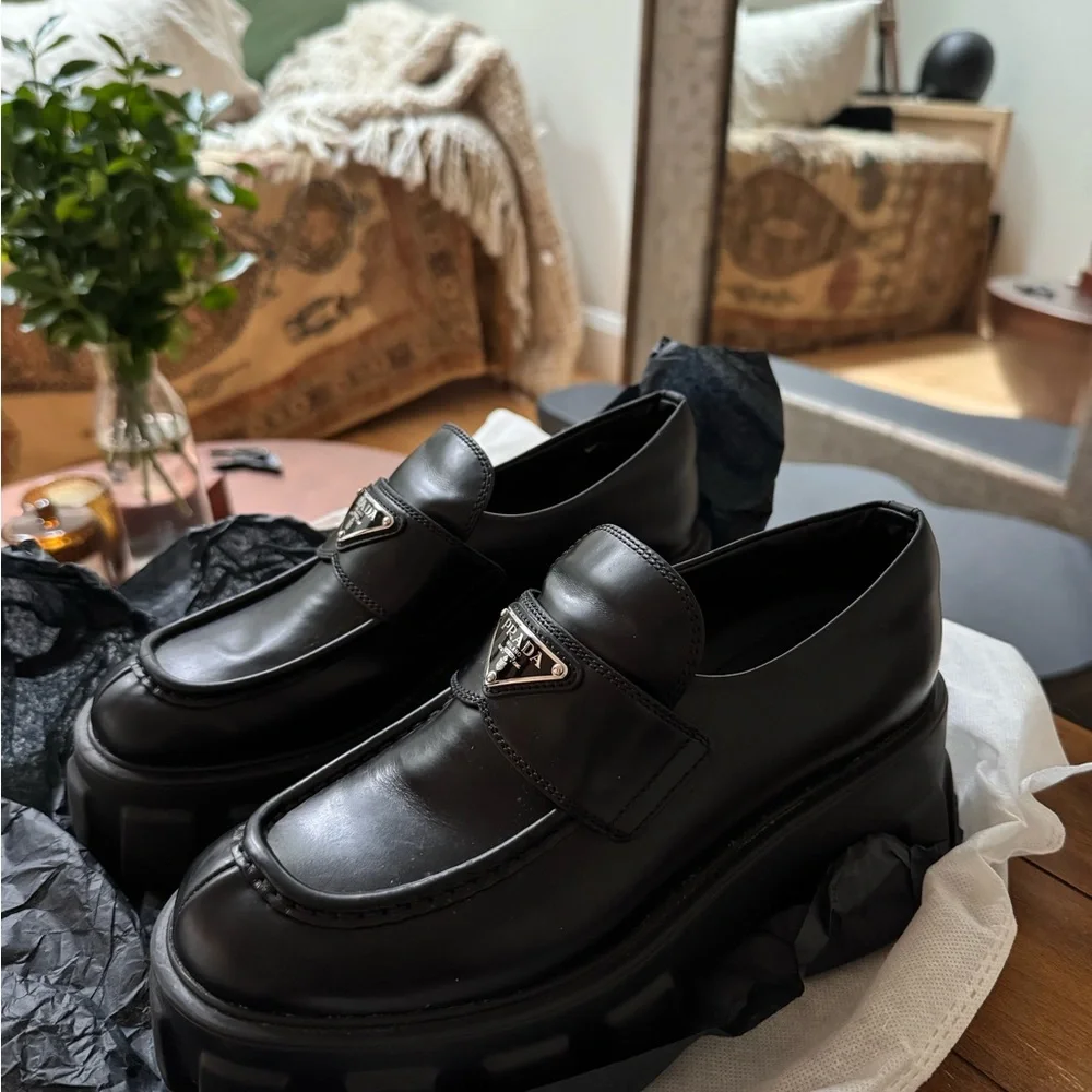 prada black dress shoes Prada - Women's Brushed Leather Lace-Up Shoes main image 1
